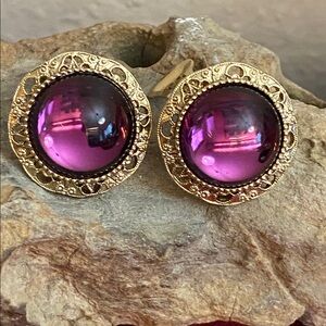 Vintage 1928 Jewelry Co Purple Glass Cabochon Gold Filigree Clip-On Earrings
